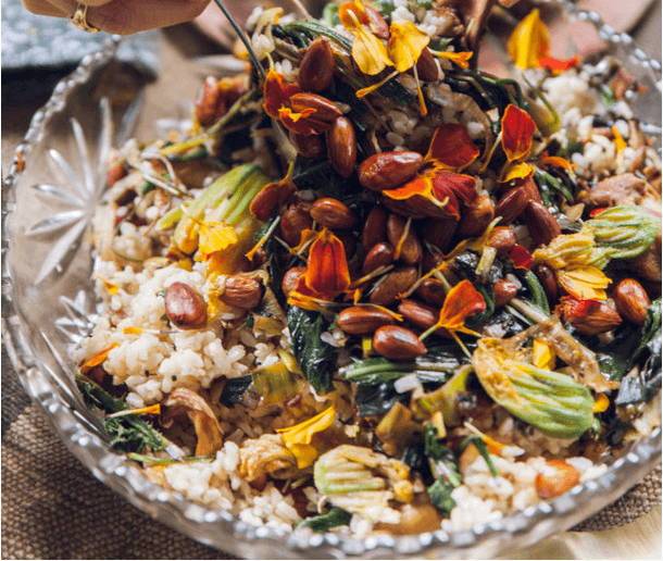 Warm Rice & Weed Salad with Toasted Almonds, Black Cumin, and Edible Flowers
