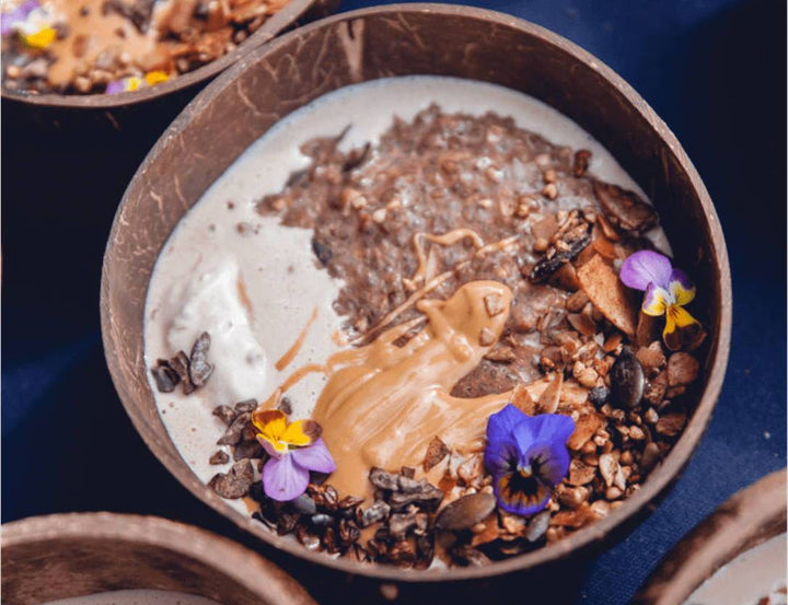 Chocolate Birchia Porridge with Salted Caramel Coconut Yoghurt and Peanut Butter